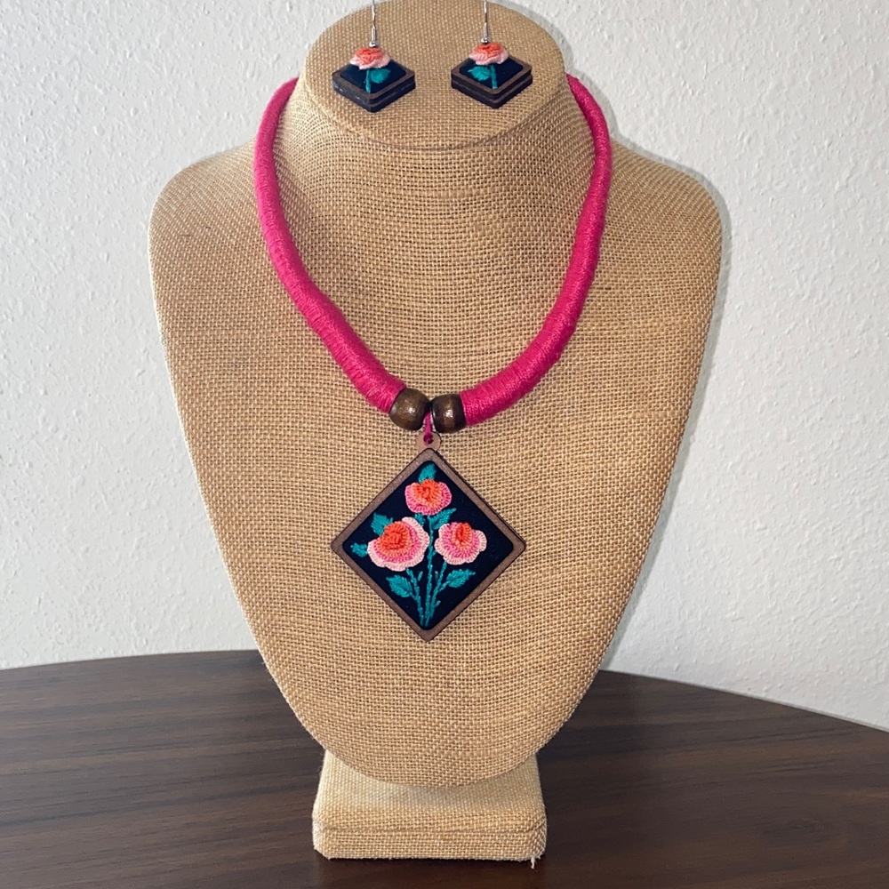 Handcrafted Floral Pendant Necklace and Earring Set